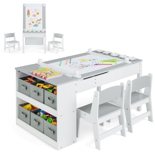 FANTASK Table pour Enfant avec 2 chaises, Table d'activité 3 en 1 et chevalet en Bois avec Plateau relevable, gobelets de Peinture, 6 récipients en Tissu et Rouleau en Papier, Groupe de sièges pour