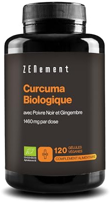 Curcuma Écologique - 1460mg par Portion (2 Gélules) avec Gingembre et Poivre Noir - 100% Écologique et Végan, Formule Synergique à Haute Absorption - 120 Gélules Véganes, Cure 2 Mois - Zenement