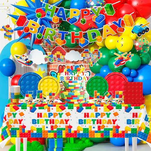 Blocchi di Costruzione Forniture per Feste,114 Pezzi Building Block Decorazione per Feste Set Banner di Compleanno Building Block Tovaglia Piatti Palloncini etc Forniture per Feste Building Blocks