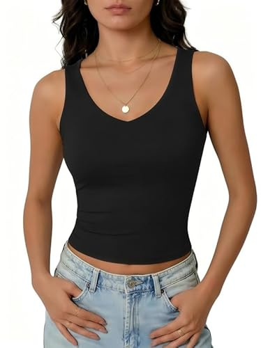 Xiaoliny Canotta Donna Estive Scollo a V Basic Tank Top Doppio Strato Casual T-Shirt Senza Maniche Slim Fit Elegante Maglietta Elasticizzato Tops Sportiva Morbido Sottogiacca Tinta Unita Canottiera