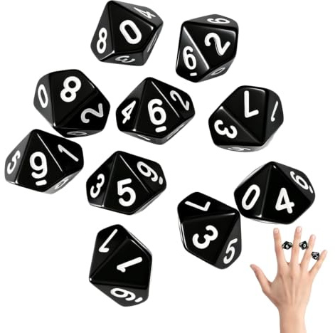 Lote de 10 Dados D10 Negros 16 mm – Acrílico Resistente con números 0-9 – Ideal para D&D, MTG, Pathfinder y Juegos de Mesa