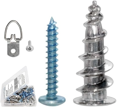 Ansoon #8 Self-Drilling Hollow Metal Stud Wall Anchors with Screw Kit for Drywall, 25Pcs Heavy Duty Drywall Anchor, 25Pcs 1 inch Tapping Screws, 10 Pack D Ring Picture Hangers with Screws