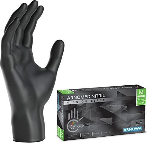 100x ARNOMED® Guanti nitrile M Nero, Guanti monouso senza polvere e lattice, Guanti plastica usa e getta dermanytril, Per cucina, pulizia casa, alimenti e tattoo XS, S, M, L, XL