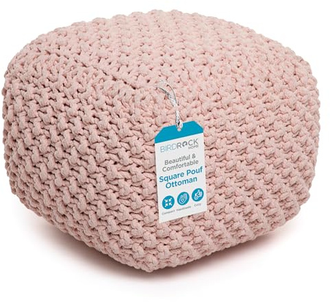 BIRDROCK HOME Square Pouf Ottoman | Cotton Braided Foot Stool with Bean Bag Filling | Boho Foot Rest for Living Room, Bedroom | Compact & Comfortable Seating, Lightweight & Sturdy | Dusty Rose
