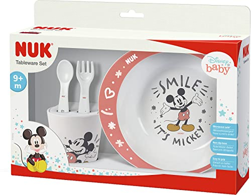 NUK Disney Micky Geschirrset | ab 6 Monaten | enthält Teller, Gabel, Löffel und Becher | Disney Micky Maus | 4 Teile