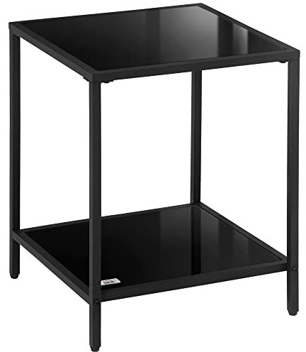 HOMCOM Tempered Glass Side Table with Storage, Modern 2-Tier Bedside Table with Steel Frame, Black