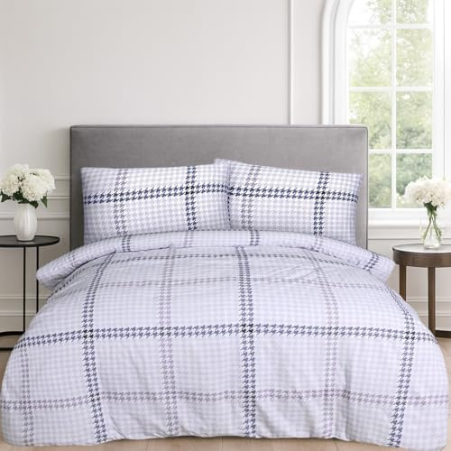 Sleepdown Houndstooth Check Lilac Brown 100% Brushed Cotton Reversible Duvet Cover Quilt Bedding Set with Pillowcases Warm Soft Easy Care Bed Linen - Double (200cm x 200cm)