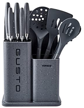 Karaca Gusto Set de Bloc de Couteau Cuisine 12 pièces avec Planche à Découper et Couteaux et Ustensiles de Cuisine, Couteaux en Acier Inoxydable, Gris