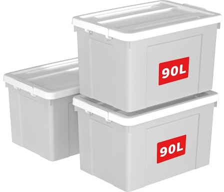 Cetomo 90L*3 Caja de Almacenamiento con Ruedas, Caja de Plástico con Tapa y Cierre Seguro, Contenedor de Almacenamiento Grande, Duradera, Apilable, Resistentes, Gris, Paquete de 3 de 90L