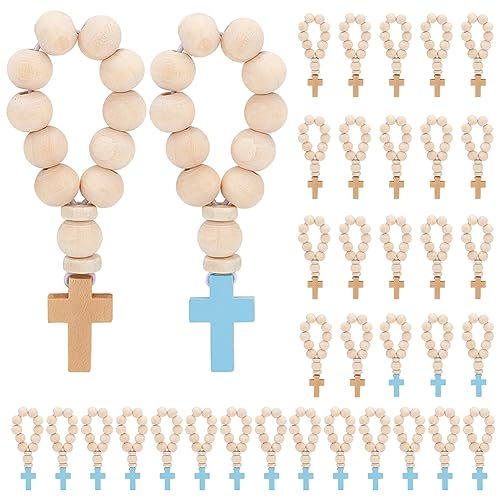 OLYCRAFT 36 pezzi Rosario in legno con ciondolo a forma di croce rosario con perline di legno e cordoncino elastico, rosario cattolico, per donne, uomini, battesimo, prima comunione, cresima, 84 mm