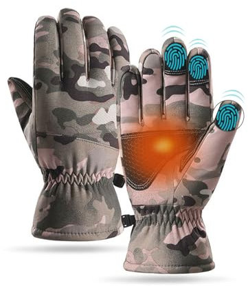 Balakaka Guantes Invierno Hombre con Hebilla Antipérdida, Impermeable Guantes Antideslizantes para Pantalla Táctil Puño Elástico, Transpirables y Calientes para Deportes al Aire Libre,camuflaje