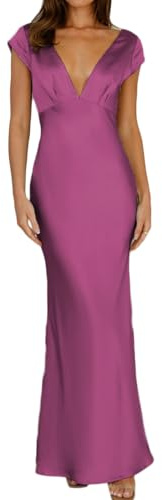 Halfisland - Lång satinklänning för kvinnor, sommar, V-ringad, cap ärm, rygglös, elegant, maxi draperad, midilång, bröllopsgästklänning