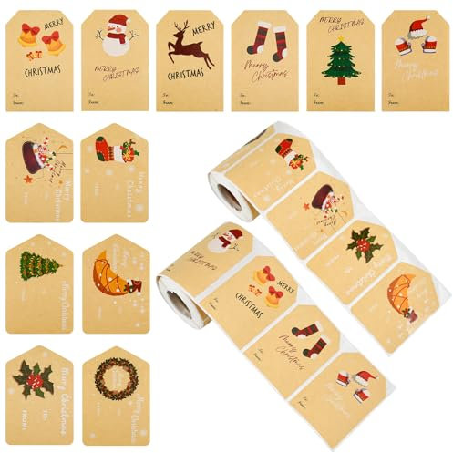 MININUSI 400 Stück Aufkleber Weihnachten, Geschenksticker, Geschenkaufkleber, Weihnachtsaufkleber, Weihnachtssticker, Geschenketikette, Kraftpapier Aufkleber, Weihnachts Sticker für Geschenkboxen
