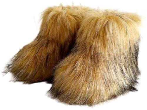 Urmycos Girls Winter Faux Fur Ankle Boots Fluffy Furry Flat Snow Boots Brown 4