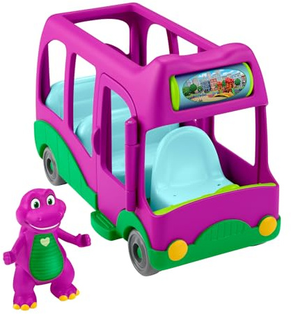 Fisher-Price Barney’s World Autobús de aventuras Vehículo de juguete para empujar con la figura de Barney, juego de imitación para niños y niñas en edad preescolar a partir de 3 años, HYG95