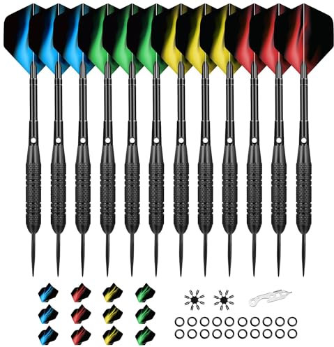WayArrival Profi Steel Darts Set | 12 Stück 24g Dartpfeile mit Metallspitze & Messing-Schäften | Inkl. 24 Flights, 20 O-Ringe, Ersatzschäfte | Für Bar, Training & Turnier