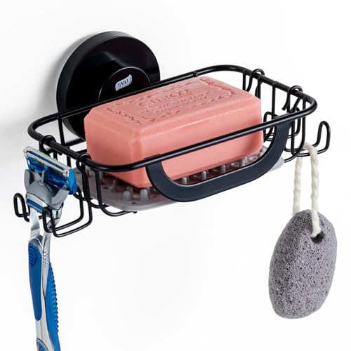 TAILI Suction Soap Dish for Shower with Hooks & Silicone Pad, Max Hold 5 KG Soap Holder Shower for Bathroom, Wall Mount Sponge Tray, Removable, Metal, Drill-Free Sink Holder, Stainless Steel, Black