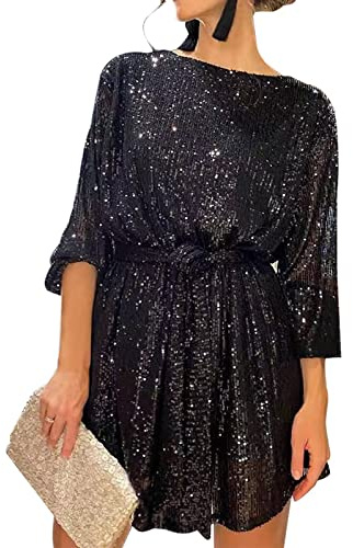 Felcia Women's Sparkly Sequin Mini Dress Crew Neck Long Sleeve Waist Tie Glitter Short Dress Elegant Cocktail Party Dress Clubwear (B-Black, M)