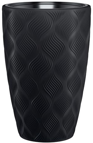 B2C Round Tall Plant Pot Elegant Large Flower Indoor Outdoor Garden Planters Flow High 5 Colours Wave Plastic Textured With insert (Black, H58cm x D38.5 cm)