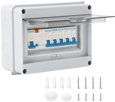 5 Way Consumer Unit Circuit Breaker, IP65 Weatherproof Garage Consumer Unit Anti-Leakage Fuse Box for Garage Workshop Caravan Outbuilding, 63A 1P+N +6A+6A+10A+20A+32A