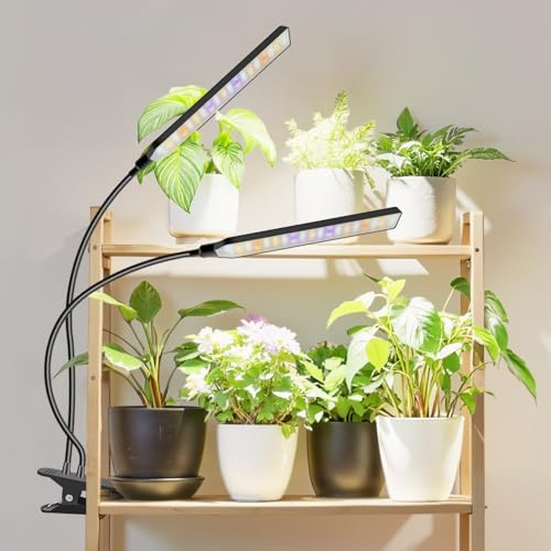 Aumtrly Grow Lights for Indoor Plants, 2 Head LED Full Spectrum Clip Grow Lamp with 6/12/16H Timer, 3 Light Mode, 5 Dimming, Black Gooseneck Plant Lights for Indoor Growing and Seed Starting
