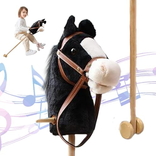 Hobby Horse on a Stick, Stick Horse with Realistic Sound Effects Plush 39 Tall Halloween Hobby with Wheels & Wooden Pole Non-Slip Handle Ride On Toy for Kids, Ride On (Black)