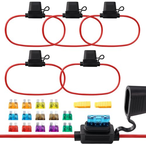 TUNOTYUE 5 Pezzi 14AWG Portafusibile In-Line, Impermeabile Lama Portafusibile, con 3/5/7.5/10/15/20/30 A Fusibile a Lama Standard e Estrattore Fusibili, per Auto, Barca, Camion, Moto, Caravan