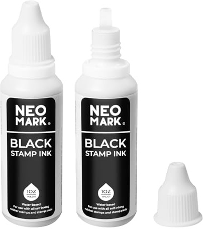 NEO MARK Premium Stamp Ink, 2 Pack Quick-Drying and AP-Certified Non-Toxic Refill Ink for Self-Inking Stamps, Date Stamps and Stamp Pads，2pcs (Black, 1oz)