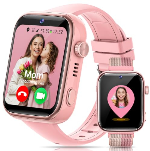 AIMIUVEI 4G Reloj Inteligente Niño con Llamadas, Videollamadas, Chat de Voz, WiFi, GPS, SOS, SMS, Impermeable IP68, Modo Escuela y Podómetro, Smartwatch Niños con Pantalla HD de 1.83'' Rosa