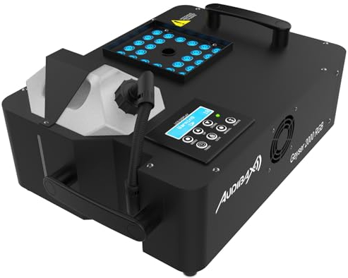 Audibax Smoke Geyser 2000 RGB - Macchina del Fumo con Illuminazione - Macchina del Fumo con Telecomando - Potenza 2000W - capacità 2,5 L - 700 m3 di Fumo/Minuto - Montaggio Verticale e Orizzontale