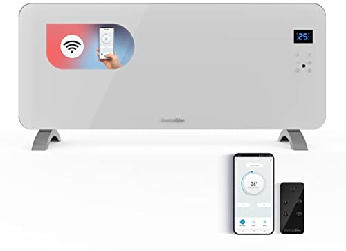 UNIVERSALBLUE Pannello riscaldante con WIFI | Riscaldatore in vetro temperato a basso consumo | Termostato regolabile | Telecomando | 2000 W | Colore Bianco | 2 Potenze | Controllo touch | Display LED