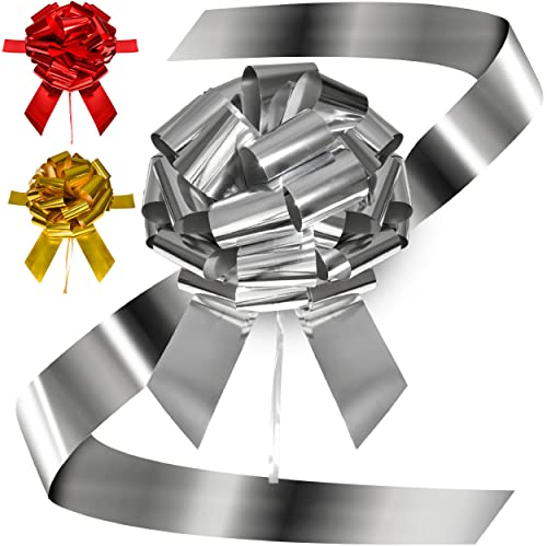 Praknu Große Geschenkschleife für Auto - XXL ø 40 cm - Wiederverwendbar - Leichter & schneller Aufbau - Silber