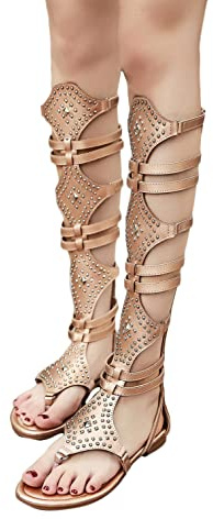 ticticlily Sandales Femmes Genou Haut Gladiateur Sandales Romaines Rivets Cloutés Fermeture Éclair Tongs Sandales à Lanières