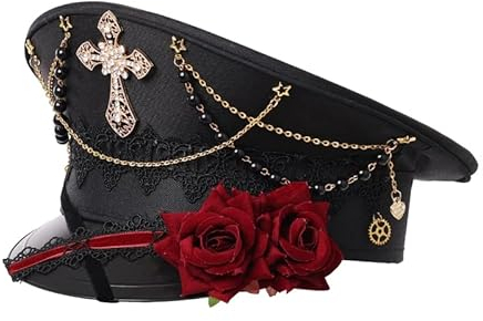 Unisex Steampunk Militär Kapitän Zylinder Hut Festival Rave Halloween Karneval Kostüm Hut Lolita Rose Kreuz Kappen(Weinrot)