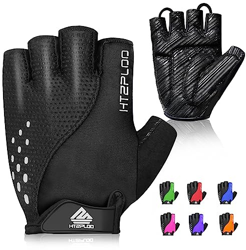 HTZPLOO Bike Gloves - Cycling & Biking Gloves for Men & Women, Anti-Slip, Shock-Absorbing, Light Weight, Nice Fit, Half Finger (Deep Black, X-Small)
