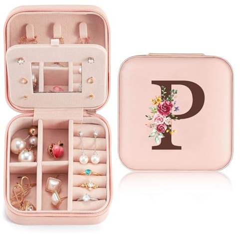 Reise Schmuckkästchen Klein mit initialen P und Blume, Schmuckaufbewahrung für Damen PU-Leder, Mini Schmuckschatulle Schmuckkasten für Damen Mädchen Geschenk für Geburtstag, Weihnachten, Muttertag