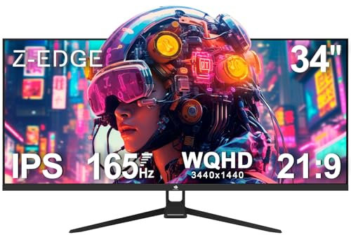 Z-Edge 34 Inch Gaming Monitor Ultrawide 165Hz(DP) 100Hz(HDMI) 1ms MPRT, 21:9 WQHD 3440x1440 IPS Panel, FreeSync, HDR10, HDMI, DisplayPort - Black