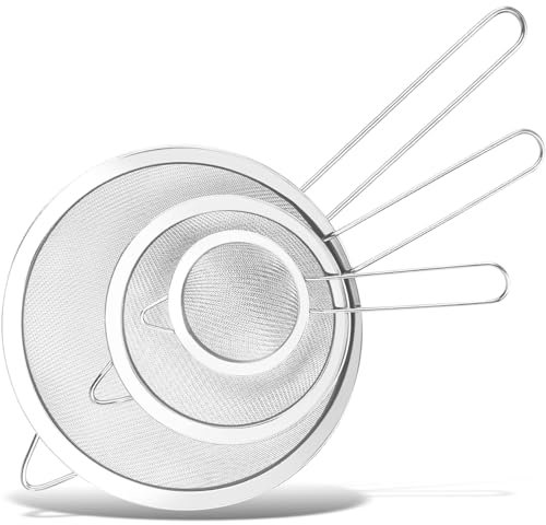 Sieb Küchensieb,GeeRic Sieb Set 8/12/18 cm, Küchensieb Edelstahl mit Verstärktem Griff,feinmaschig Kochsieb für Küche Mehl Quinoa Reis Nudeln Puderzucker und Mehr