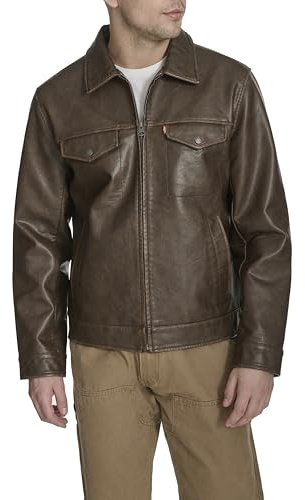 Levi's Men's Faux Leather Modern Trucker Jacket, Saddle, Large