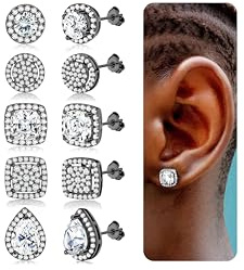 Aretes tipo dormilona de circonia cúbica Roheafer para mujer y hombre, chapados en oro blanco de 18 quilates, hipoalergénicos, de plata de ley 925, con poste, aretes grandes redondos y cuadrados con