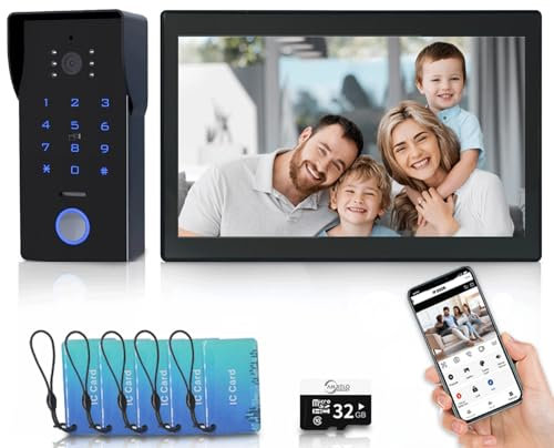 Video timbre WiFi sistema de intercomunicación, timbre de puerta visual de 2 hilos,1080P, pantalla táctil a color de 10'', desbloqueo remoto, audio bidireccional,antialarma (1 Timbre+1 Monitor)