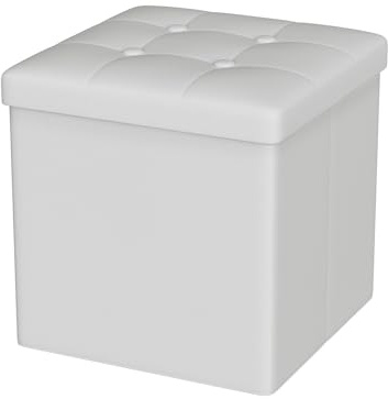 Oak & Tea PU Leather Storage Ottoman, Foldable Seat Stool with Storage, Small Cube Footrest Pouffe, Compact Storage Bench for Living Room, Bedroom, 30x30x30cm, White