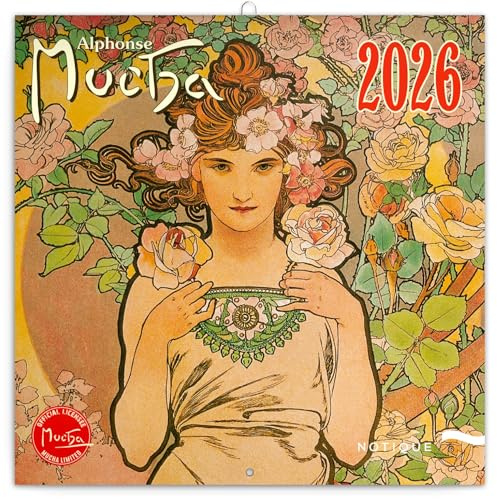 NOTIQUE Calendrier mural 2026 Alfons Mucha - Calendrier mensuel en brochure - Design esthétique - 30 x 30 cm (ouvert 30 x 60)
