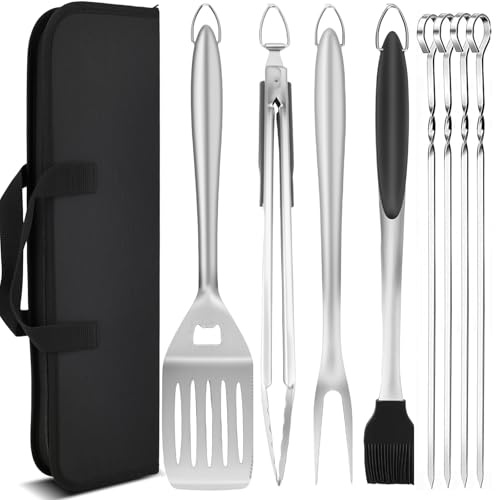 Accesorios para Parrilla - Set de Accesorios de Barbacoa con Espátula, Tenedor, Pincel, Pinzas y 4 Brochetas - Utensilios Barbacoa - Regalo para El Día del Padre para Papá, Marido, Hombres, Él, Novio