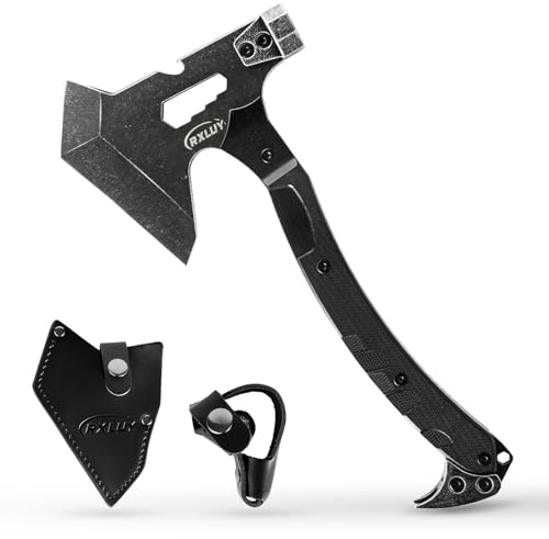 RXLUY Tactical Axe with G10 Handle Camping Survival Hatchet, Multifunctional Outdoor Hiking Heavy Duty Full Tang Tomahawk Tools with Hammer, Unique Design Crowbar, Leather Sheath (Black)