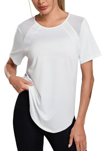 Terecey Short Sleeve Gym Tops for Women Mesh Insert on Back Breathable Casual Workout T-Shirts Ladies UK Quick Dry Sports Pilates Yoga Tee Hollow Back Activewear, White L
