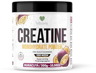 Foodelis Mikroniserat Kreatinmonohydrat i Pulver 300 g, 75 Portioner | 100% Kreatinmonohydrat | Passionsfrukt | Hög Löslighet, Doseringsskopa Ingår
