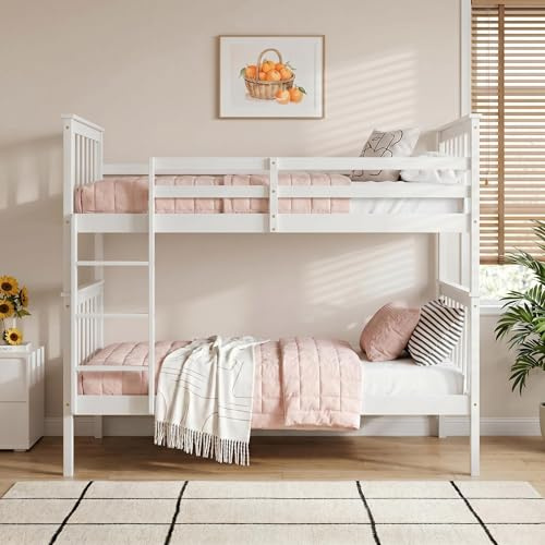 Panana Single Wooden Bunk Bed Frame, 3FT Twin Sleeper Solid Pine Platform Bed (White, Single Bunk-Can Spli into 2 Bed)