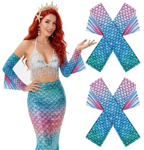 Wehhbtye 2 Pairs Mermaid Arm Sleeves, 19'' Long Fish Scale Fingerless Gloves with Fins, Halloween Shimmery Mermaid Gloves for Women Carnival Cosplay Beach Party Costume Accessories