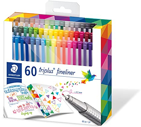STAEDTLER Fineliner triplus, dreikant, superfeine, metallgefasste Spitze, Linienbreite ca. 0.3 mm, hohe Qualität Made in Germany, Set mit 60 brillanten Farben, 334 C60